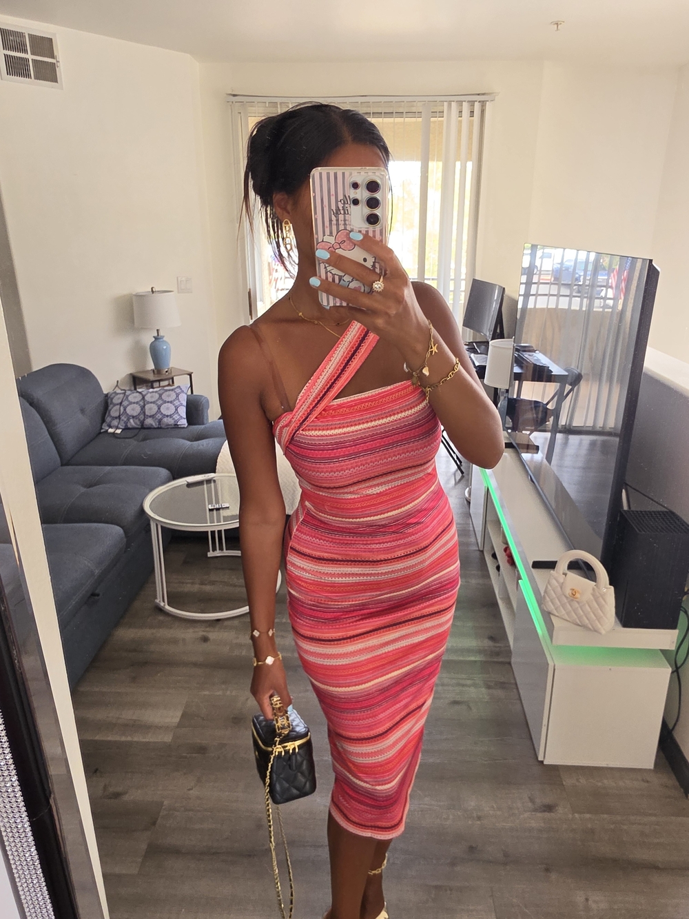 Women's Pink Striped One-Shoulder Bodycon Dress - Picture 10 of 17